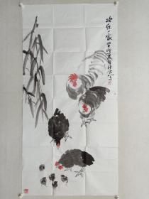 保真书画，甘肃美协会员，边新会四尺整纸祝寿佳作《欢乐一家》，软片，137×68cm。