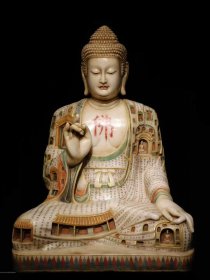 （议价） 唐代汉白玉彩绘大佛手绘经文工艺精美高110cm宽76cm厚53cm