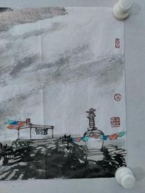 保真书画，张留成四尺对开《佛道净土》国画一幅，尺寸：35*137软片，现为中国国家画院研究员，中国美术家协会会员，黑龙江省美术家协会理事，中国煤矿文联美术家协会艺委会副主任，西藏艺术研究院研究员。