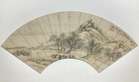 清代画家 吴允徕 山水扇面《江上月华明净》一大张，远处江帆，近处垂柳，春意盎然。钤印：吴允徕、仲远。