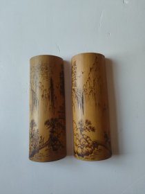 甘凤豪老竹子手工制作一对烙画臂搁。