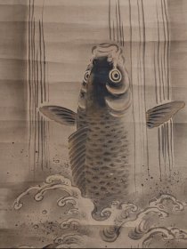 无款 鱼跃升龙图 江户时代 手绘 茶挂 茶室 收藏 字画 古笔 南画 日本画 老画 古画 挂轴 国画 文人画