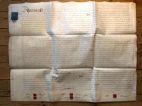 1849年5月18日 双页羊皮纸不动产转让契约 75*60厘米 附含一小页盖章羊皮纸文件 整体保存好 精品！