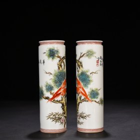 民国珠山八友刘雨岑花鸟纹笔筒 21*6.3厘米