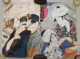 29754 号 绫本或者绢布 印刷 （喜多川歌磨）浮世绘人物 镜心两幅！