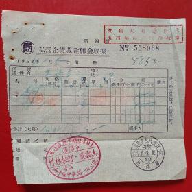 1954年9月5日，住宿费，私营企业收益佣金收据，竹林旅馆，沈阳市人民政府税务局（生日票据，旅馆住宿类发票）。（46-6）