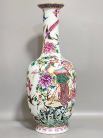 清代雍正百鸟朝凤长颈瓶