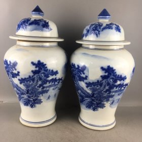 清乾隆青花山水将军罐