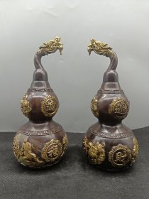 仿古铜摆件 古玩铜器，招财纳福葫芦，做工精致 造型雅致古色古香 尺寸规:格如下图 一对