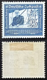 2-793德国1936年邮票1枚新。齐柏林伯爵。飞艇。原胶上品（背贴）。