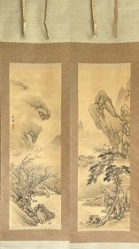 罕见精品真迹！日本江户时代南画家小田海仙王赢作品，山水图双幅，绢本绫裱骨质轴头，带木盒，每幅画心105*34.9。印章与权威图录完全一致。