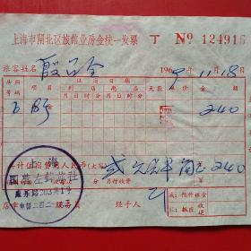 1969年11月18日，上海市闸北区旅馆业房金统一发票，住宿费，左锋旅社（生日票据，旅馆住宿类票据）。（13-2）