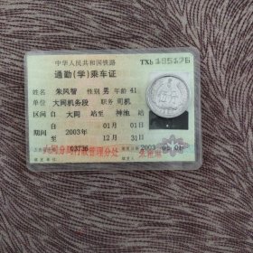 铁路藏品，铁免带水印，通勤（学）乘车证，大同站到神池站，编号27