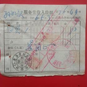 1956年5月3日，服务业收入收据，住宿费，公私合营鞍山市旅社，辽宁省财政厅税务局（生日票据，住宿旅馆类票据）。（20-8）