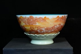 旧藏乾隆年制梵红釉山水人物转心碗,—