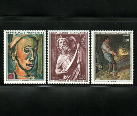 FR1法国1971年 艺术 米勒绘画 罗奥绘画 雕塑 外国邮票 3全 新 冈东雕刻版