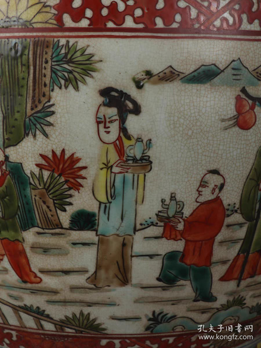 明五彩寿星狮耳卷缸