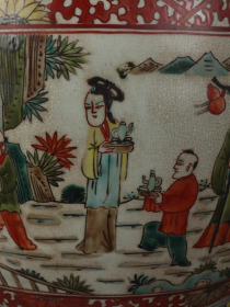 明五彩寿星狮耳卷缸