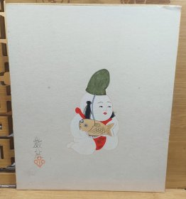 古月庵 严松作品 年年有余 日本精品回流色卡 纯手绘品 长21.5cm宽18Cm，保管品。画功上佳。