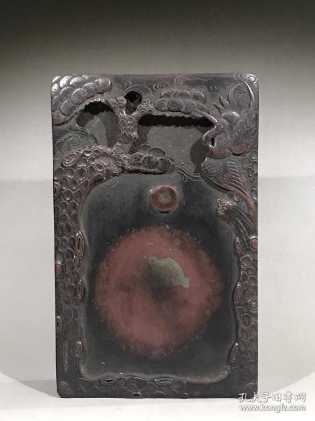 旧藏松鹤延年红端砚，多个天然石眼，包浆醇厚，大而厚重，收藏佳品，重约2310g，20.2×12.7×3.6cm
