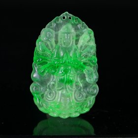 珍藏完美翡翠高冰精工雕刻【千手观音牌】 规格：75*45*13mm 水头足，质地细腻纯净无瑕疵，颜色为纯正、明亮、浓郁、非常漂亮。