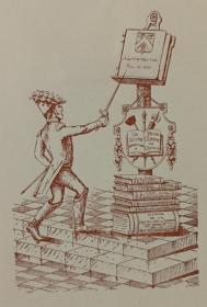 1940年代欧洲艺术家创作《骑士与书堆》精美雕版藏书票1张