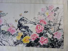 大幅手绘画（花开富贵）朱云何画，画心166 x 83