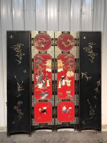 楠木古典漆器镶嵌玉石侍女人物六扇屏风一套，人物纯手工雕刻，手工绘画，人物栩栩如生，漂亮大气精致，品相完好，尺寸见图xf