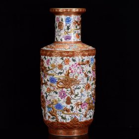 瓷器 清乾隆珐琅彩雕刻鎏金龙穿花纹爆竹瓶 68*30厘米