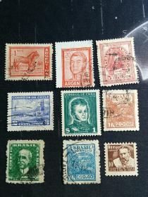 外国邮票   阿根廷、巴西、智利  早期邮票共9枚
