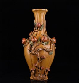 古瓷器古董古玩文玩艺术收藏品清乾隆胶黄釉捏雕折枝九桃纹挂筋瓶