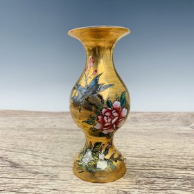汝瓷全鎏金粉彩花鸟纹花瓶，高18.5厘米，直径9厘米