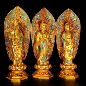 珍藏三圣佛像摆件，纯银掐丝，工艺精湛，高度:80cm，宽度:30cm，一套重约100斤左右。