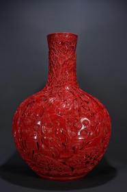 红釉浮雕人物绘天球瓶