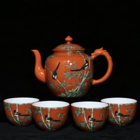 大清雍正御制矾红地粉彩竹雀纹茶具1套 高12.3cm 直径16.8cm
