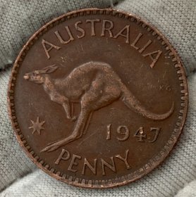 澳大利亚1947年乔治六世1便士 铜币 30.5mm 配年份 氧化 按图发货