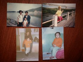 90年代青年夫妻和女孩合影照片四张，摄于吉林市二道江边