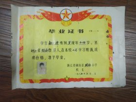 浙江省镇海县骆驼小学毕业证书一份，1985年。