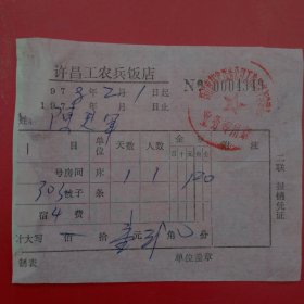 1978年2月1日，住宿费，许昌工农兵饭店（生日票据，宾馆住宿类，61-3）