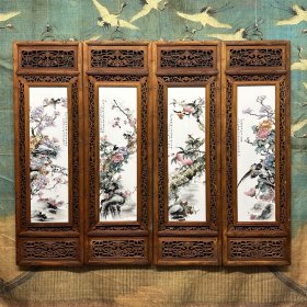 珠山八友之刘雨岑作品赏析！ 红木镂空雕花框镶粉彩花鸟瓷板画挂屏一组！ 《富贵长寿》 尺寸高120宽37
