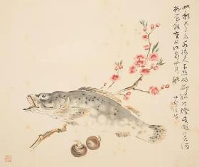 V 号 自藏品！著名关西画坛泰斗 （桥本关雪）纸本手绘《桃花鳜鱼图》 双重画箱 画家儿子（桥本雪屋）珍藏！