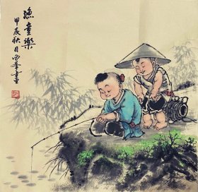 渔乐图，仿古宣纸，特别适合茶室，书房，禅意小画，喜欢钓鱼的老铁来一副，中美协会员马雪峰老师真人真迹纯手绘作品，假一赔万，终身保真，支持第三方鉴定，老师的人物画的非常细，惟妙惟肖，整个构图非常大气，漂亮。尺寸为50×50公分的斗方，家里客厅，卧室，玄关，茶室，书房都可悬挂，不挑地方，寓意非常好的一幅画。