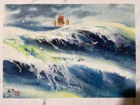 保真保手绘。水彩一张，品相如图。画心尺寸（52*37）cm，货号：L447