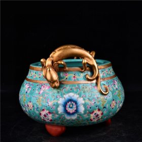 清雍正本金珐琅彩缠枝花卉纹三足双龙耳香炉古董古玩古瓷器规格