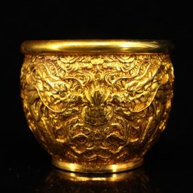 铜鎏金二龙戏珠缸 重600克 高8厘米 宽9.5厘米