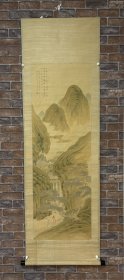 晚清原装绢本立轴，石田生《细笔青绿山水人物》5.5平尺。137+46厘米。画工特精。