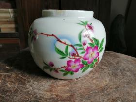 手绘圆瓷罐，六十年代老壶改造而成