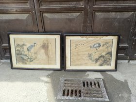 晚清民国老画一对，带原框，品相如图，有一张有点裂，绢本