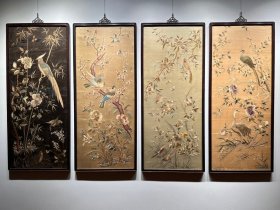 清代 粤绣花鸟四条屏