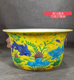 农村乡下收来，大明嘉靖年制法华彩鱼藻纹兽头樽